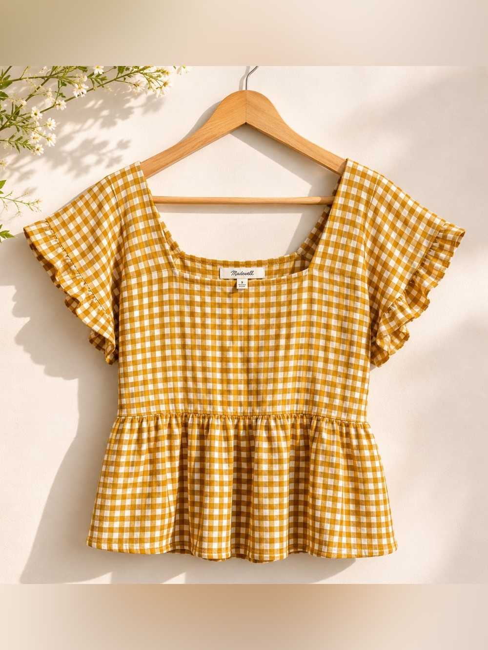 Madewell Mustard Gingham Square Neck Peplum Flutter Sleeve Top Size Small